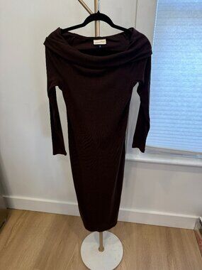Dark Brown Off-The-Shoulder Ribbed Sweater Midi Dress